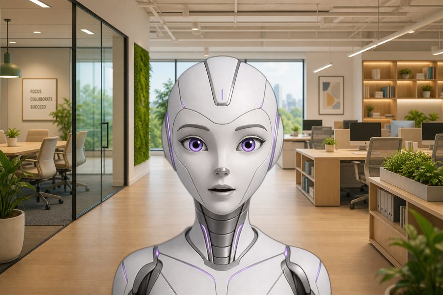 Sleek, the flagship robot teammate, in a modern office