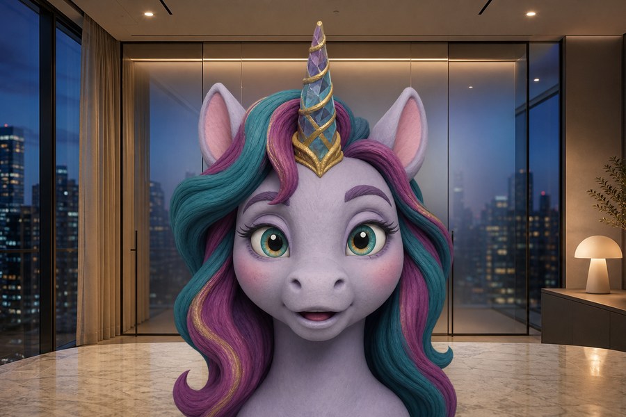 Unicorn, an AI teammate, in a room at dusk